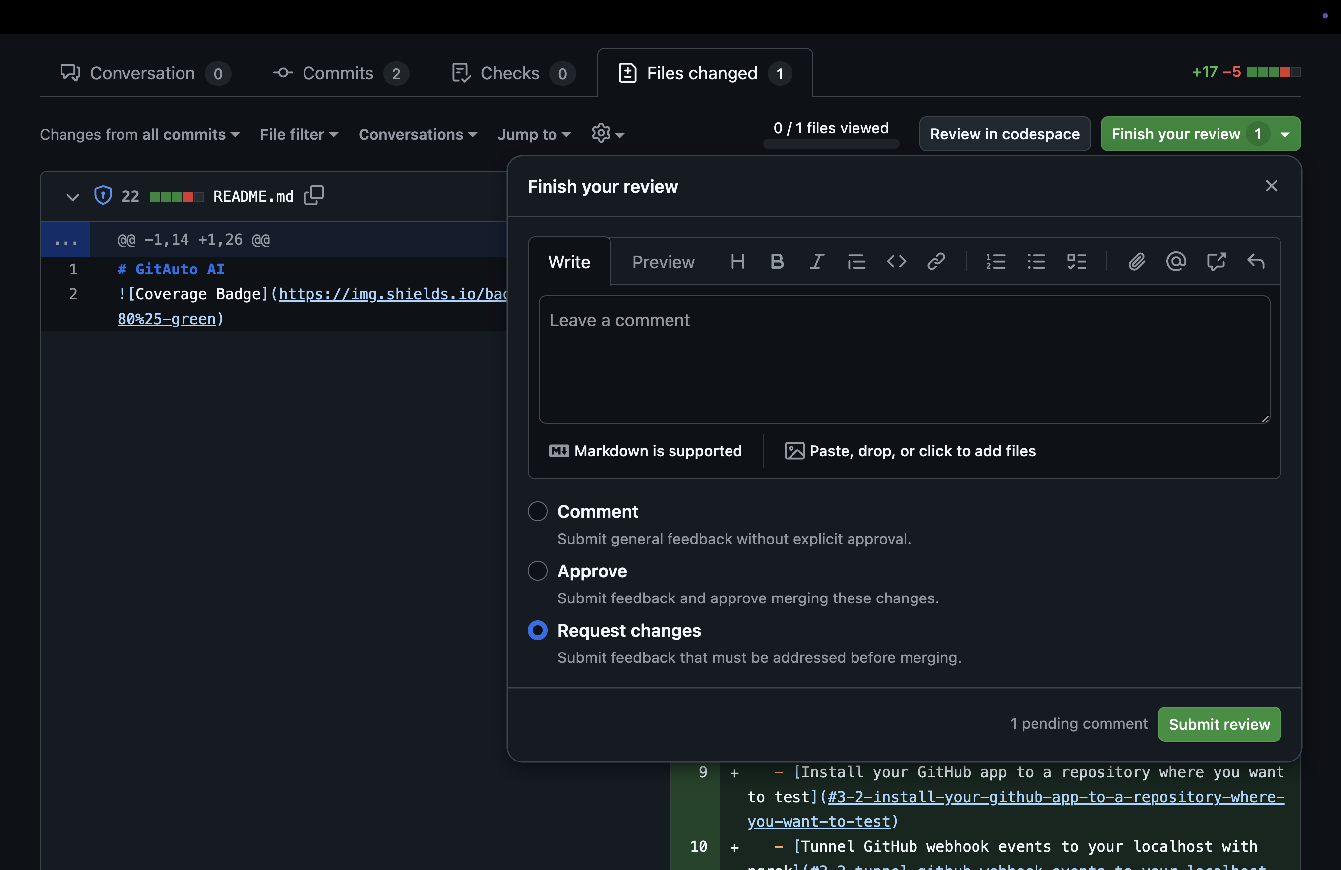 GitHub pull request Files Changed tab showing how to submit review as Request Changes