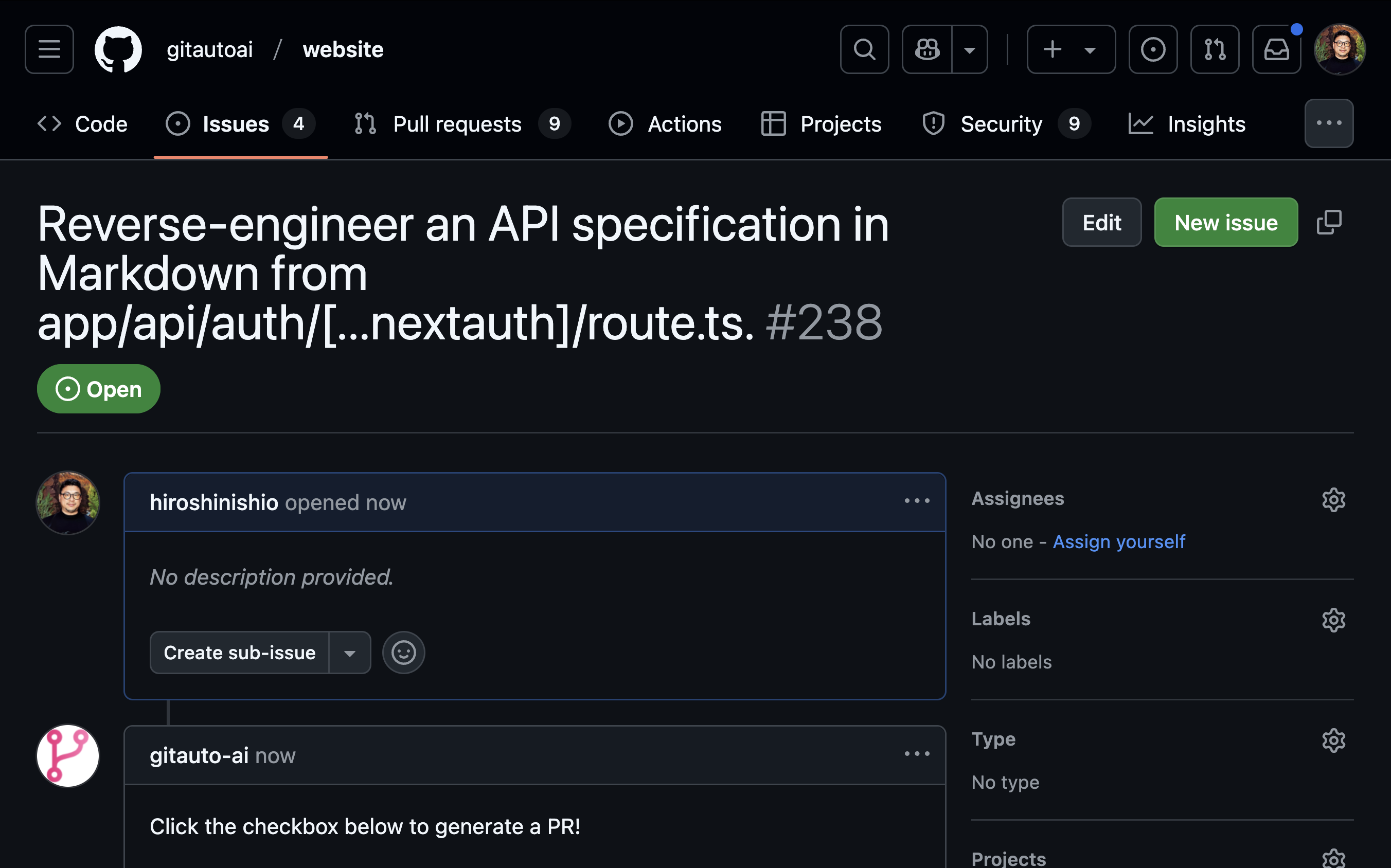 Creating an issue to request documentation generation