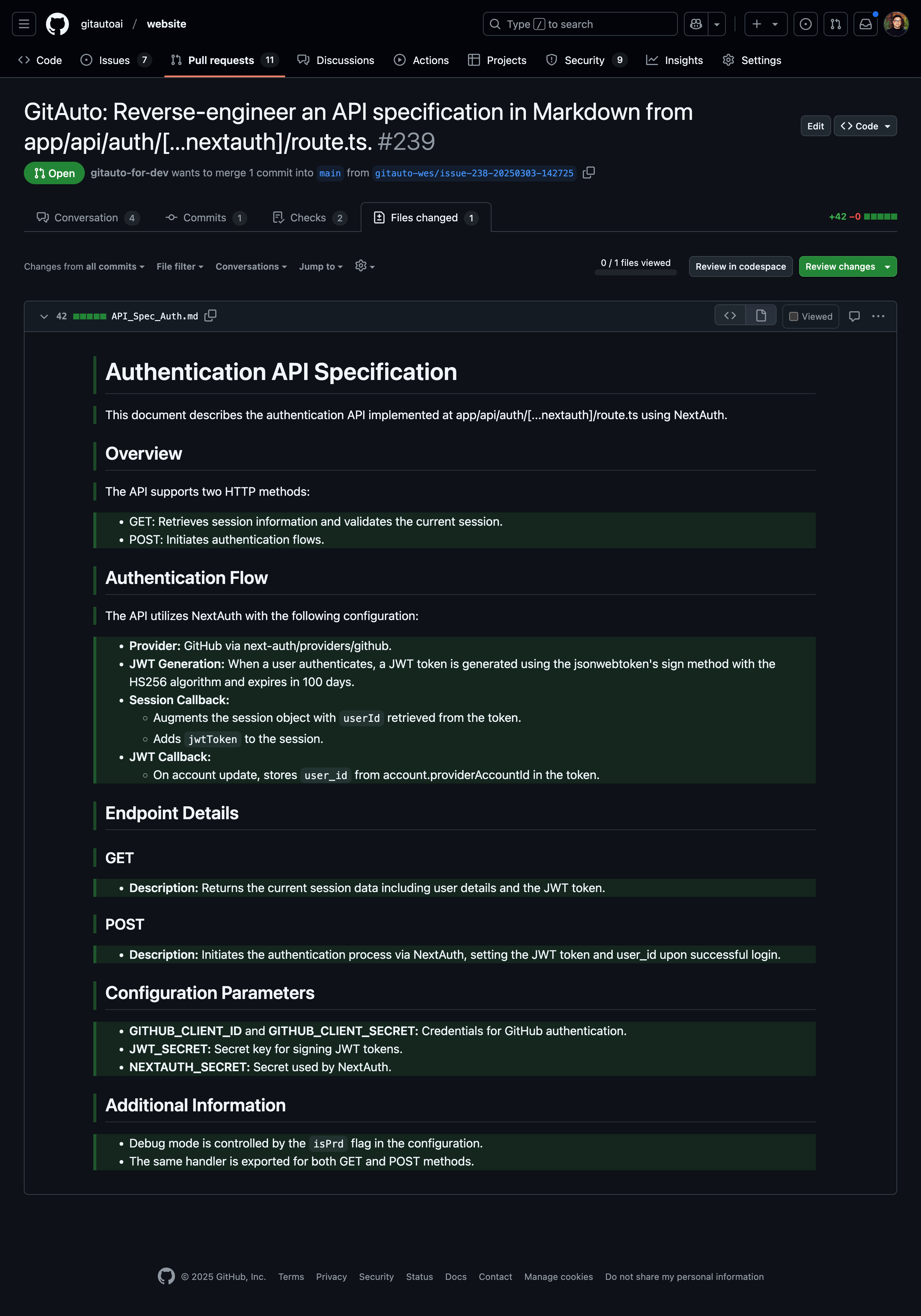 Rich view of the generated API specification in Markdown