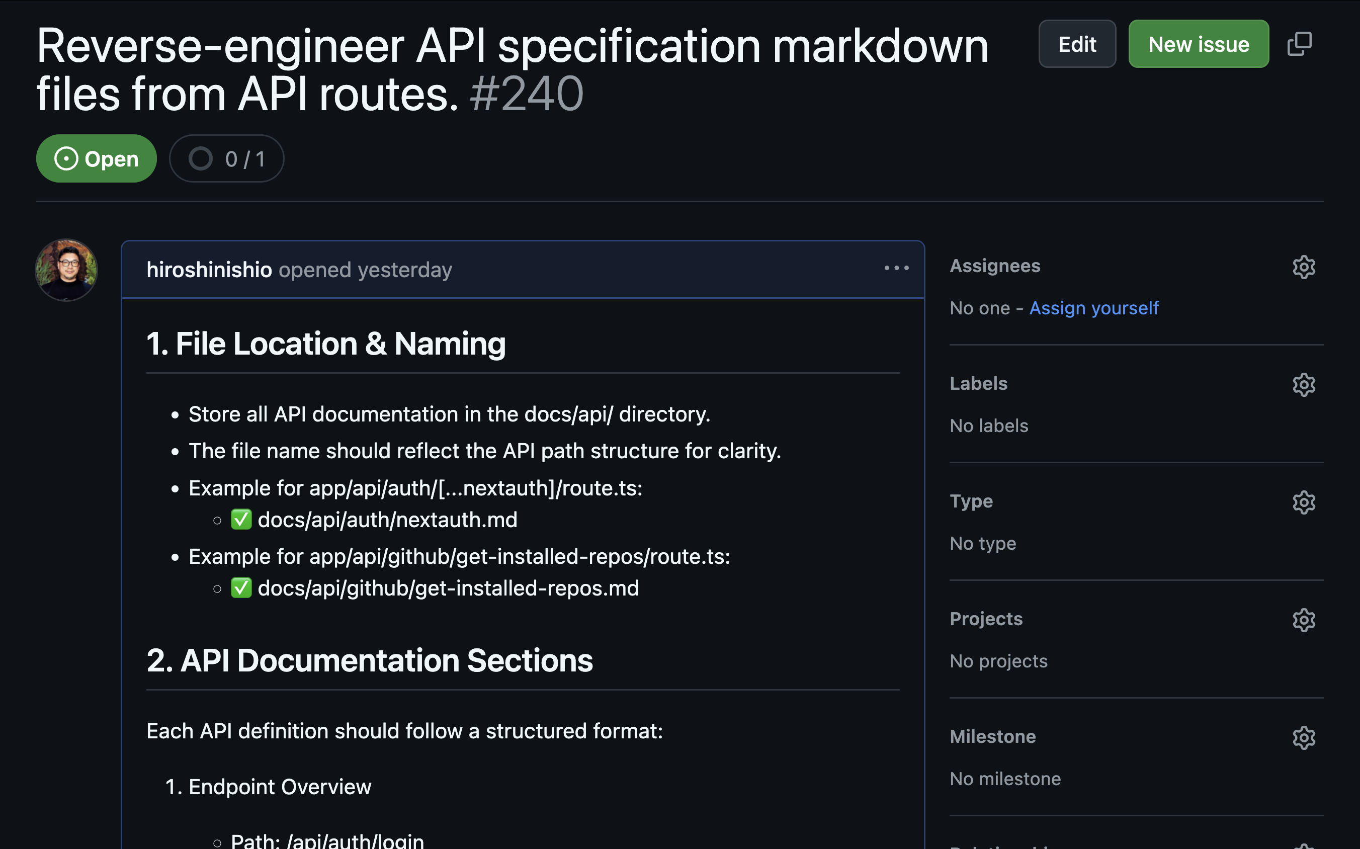 GitHub issue defining file structure