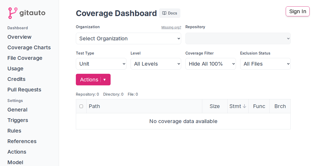 GitAuto Coverage Dashboard - Analytics & Management