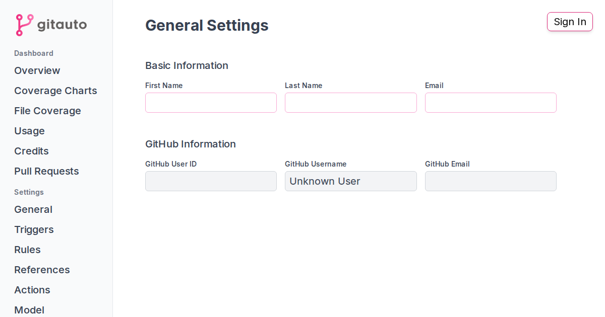 GitAuto Dashboard - Coverage, Settings & Analytics