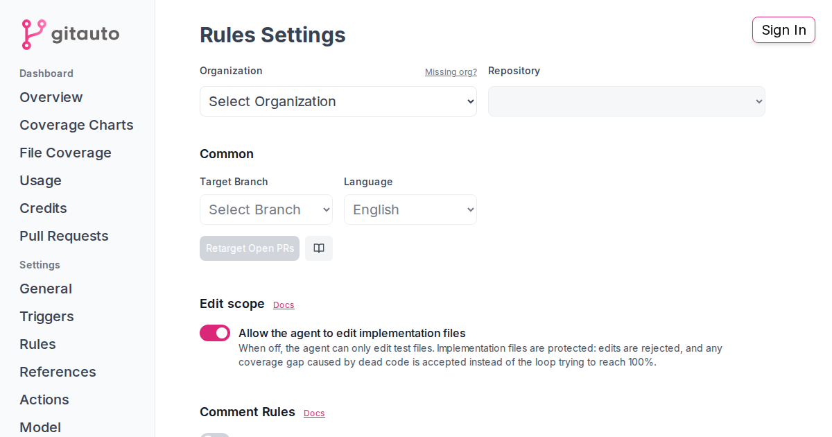 GitAuto Rules Settings - Configure Test Generation Rules
