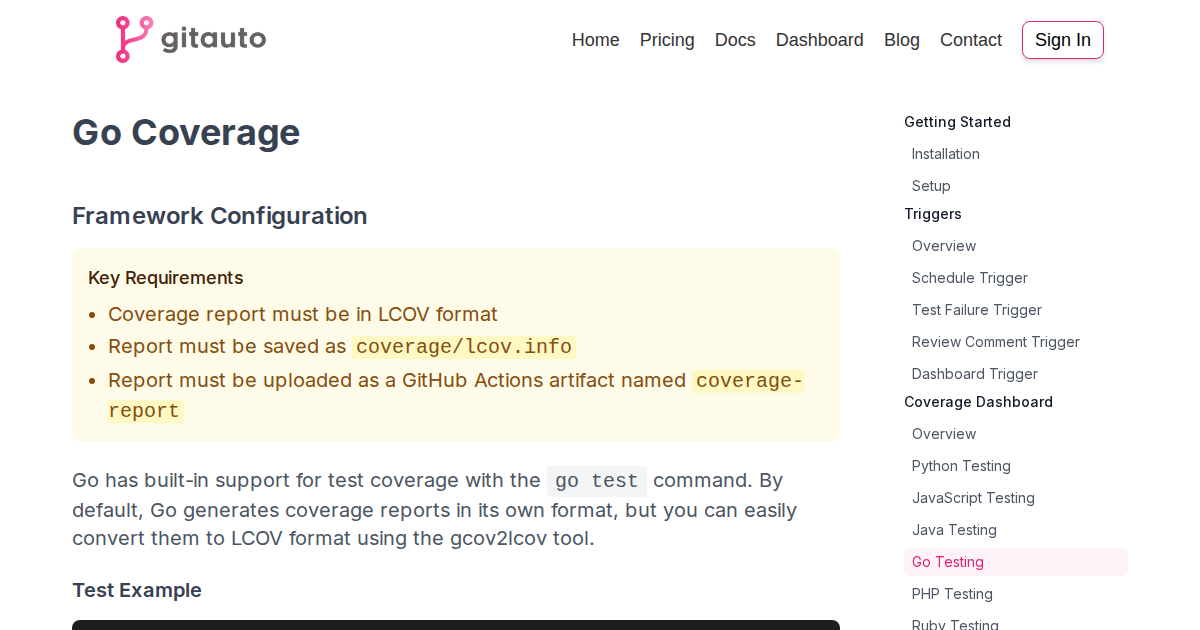 GitAuto Go Coverage Setup - Go Test & gcov2lcov Guide