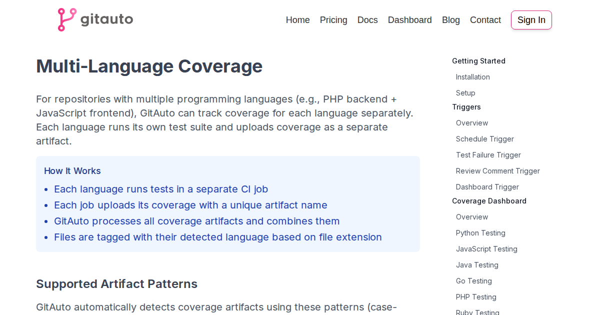 GitAuto Multi-Language Test Coverage Configuration