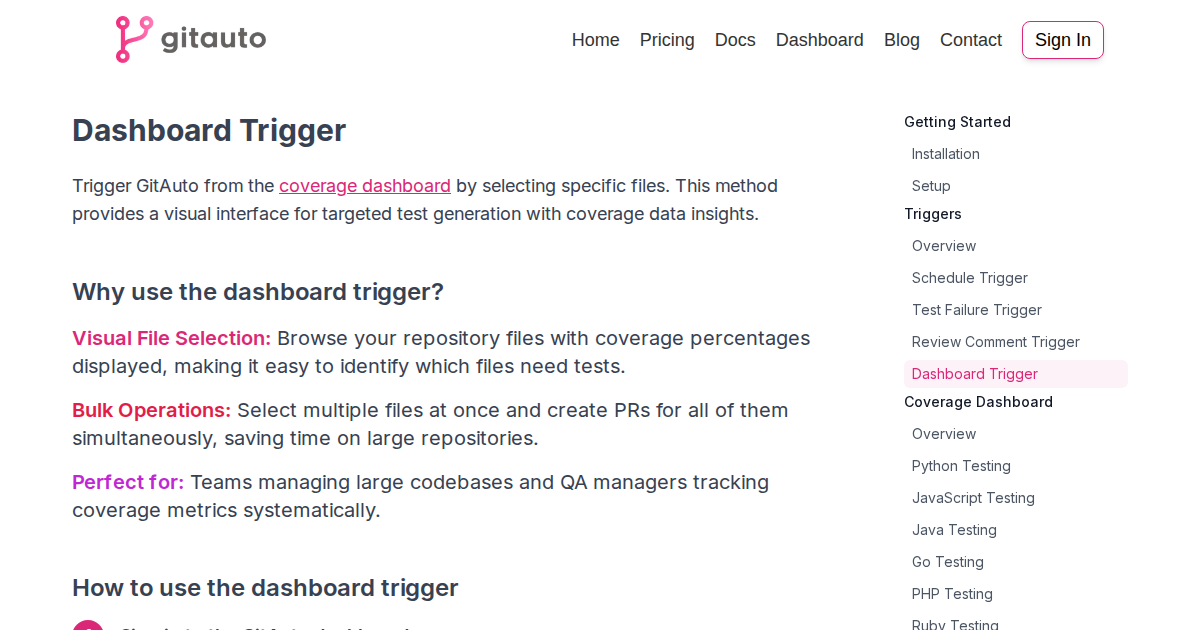 GitAuto Dashboard Trigger - Bulk unit test generation